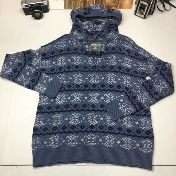Natural Reflections Sweaters - Fair Isle Nordic Hooded Sweater 100% Cotton Blue Cottagecore Cabin Core Pullover